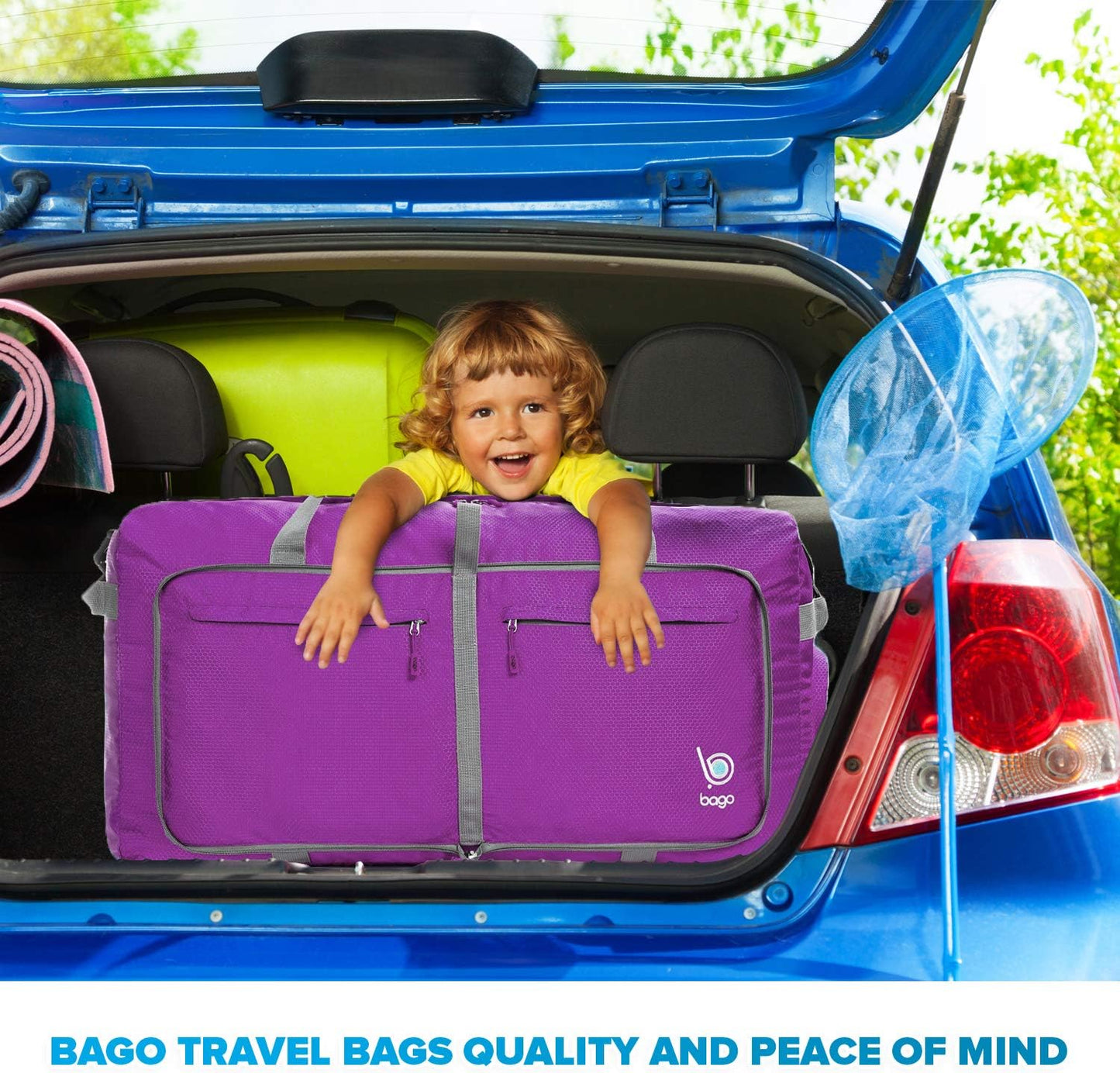 Bago Large Foldable Duffel Bags for Traveling Women & Men - 120L Packable Duffle Bag for Travel with Shoe Compartment - Water Repellant, Heavy Duty, Lightweight Folding & Collapsible (Purple)