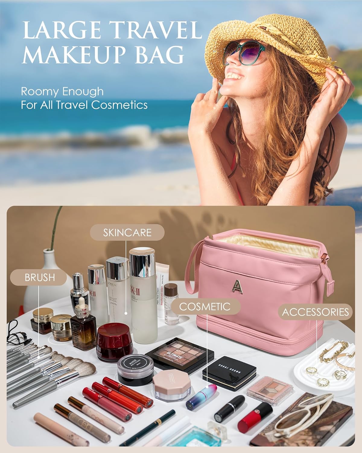 Gifts for Her Birthday-Gift Ideas for Woman Initial Large Makeup Bag, Personalized Double Layer Cosmetic Bag with Makeup Brush Organizer, Waterproof, Travel Toiletry Bag for College Girls