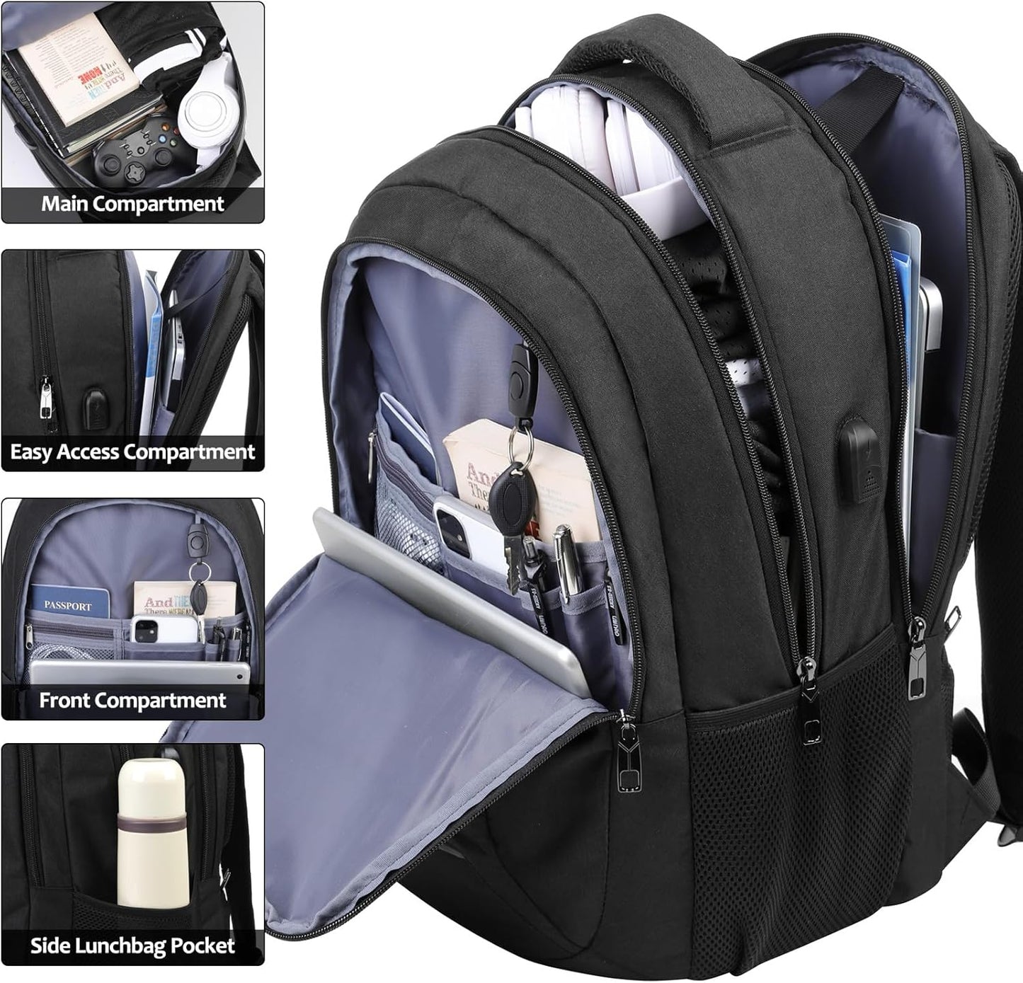 Backpack for Men and Women, School Backpack for Teens, Black Backpack for Boys with USB Charging Port Fits 15.6 Inch Laptop, Water Resistant Travel College Bookbag