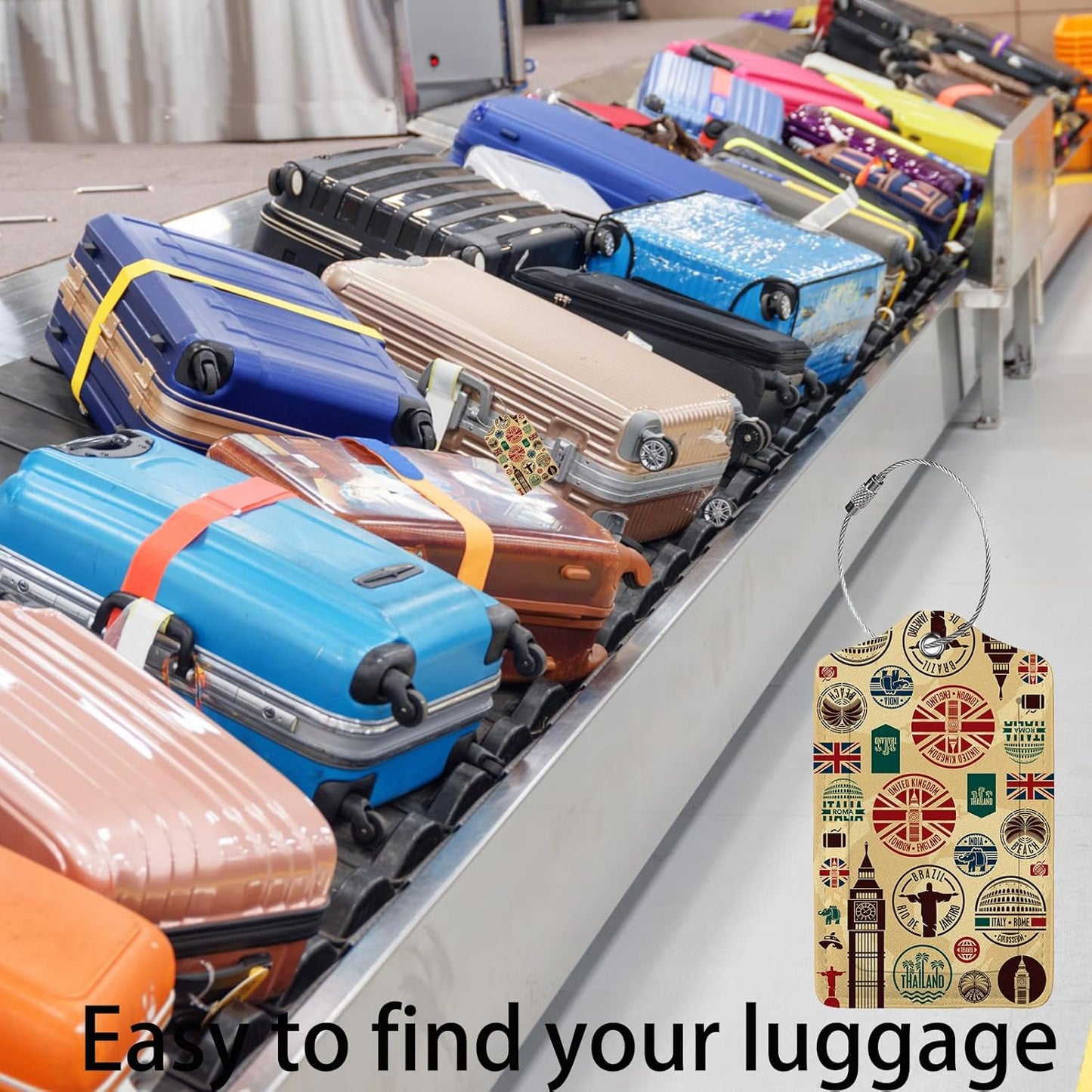 Travel Icons 2 Pack Luggage Tag for Suitcase, Cute Unique Leather Bag Tags Identifiers Privacy Cover ID Label with Steel Loop for Women Men Kids Girls Travel