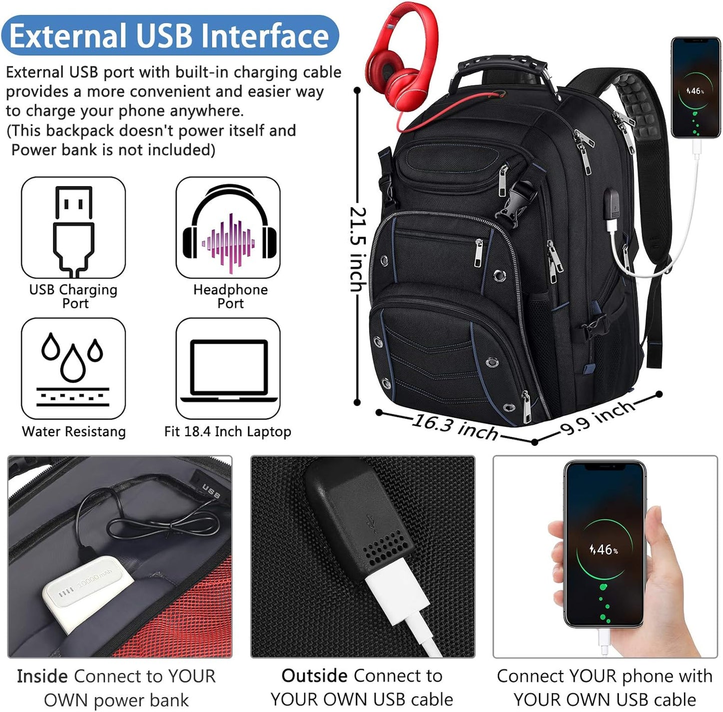 18.4 Laptop Backpack for unisex, 55L Extra Large Gaming Laptops Backpack with USB Charger Port,TSA Friendly Flight Approved and RFID Anti-Theft Pocket
