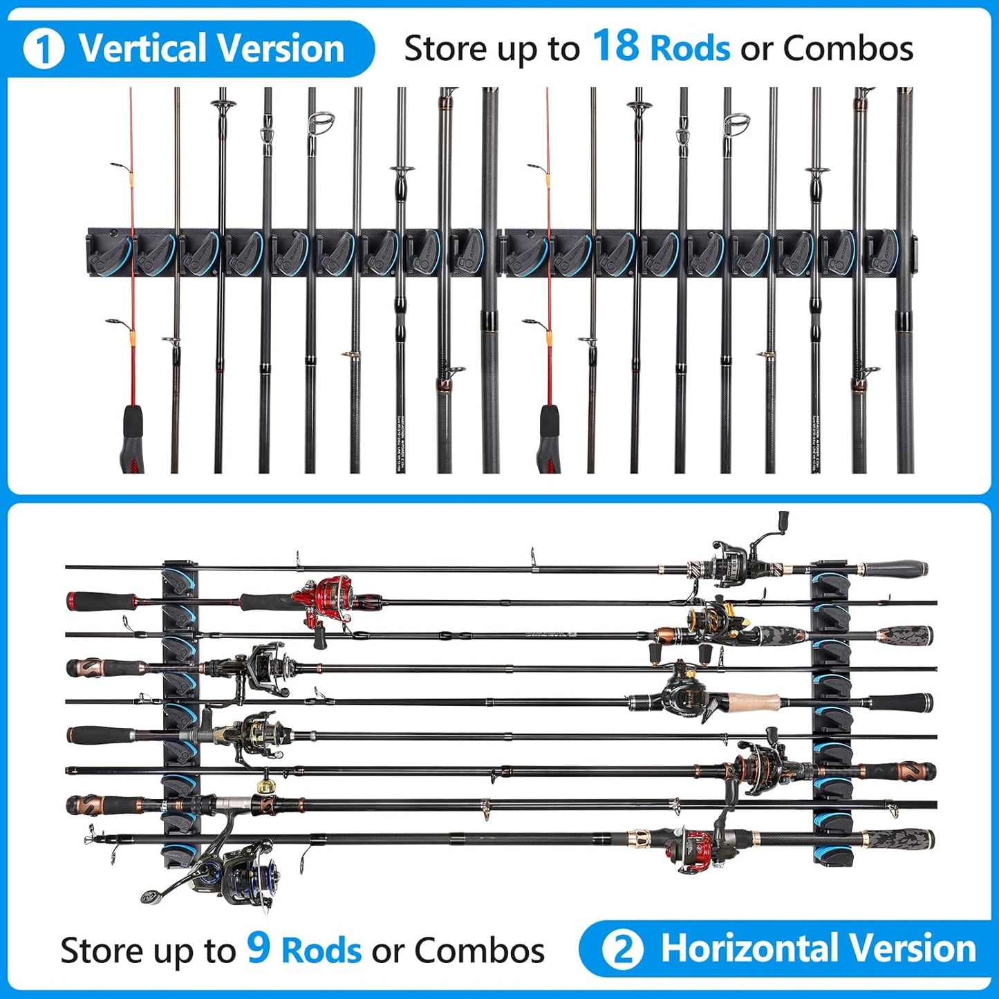 PLUSINNO 2 pack Vertical Fishing Rod rack, Wall Mounted Fishing Rod holder, 2 Packs Fishing Pole Holders Hold Up to 18 Rods or Combos, Fishing rod holders for garage, Fits Most Rods of Diameter 3-18mm
