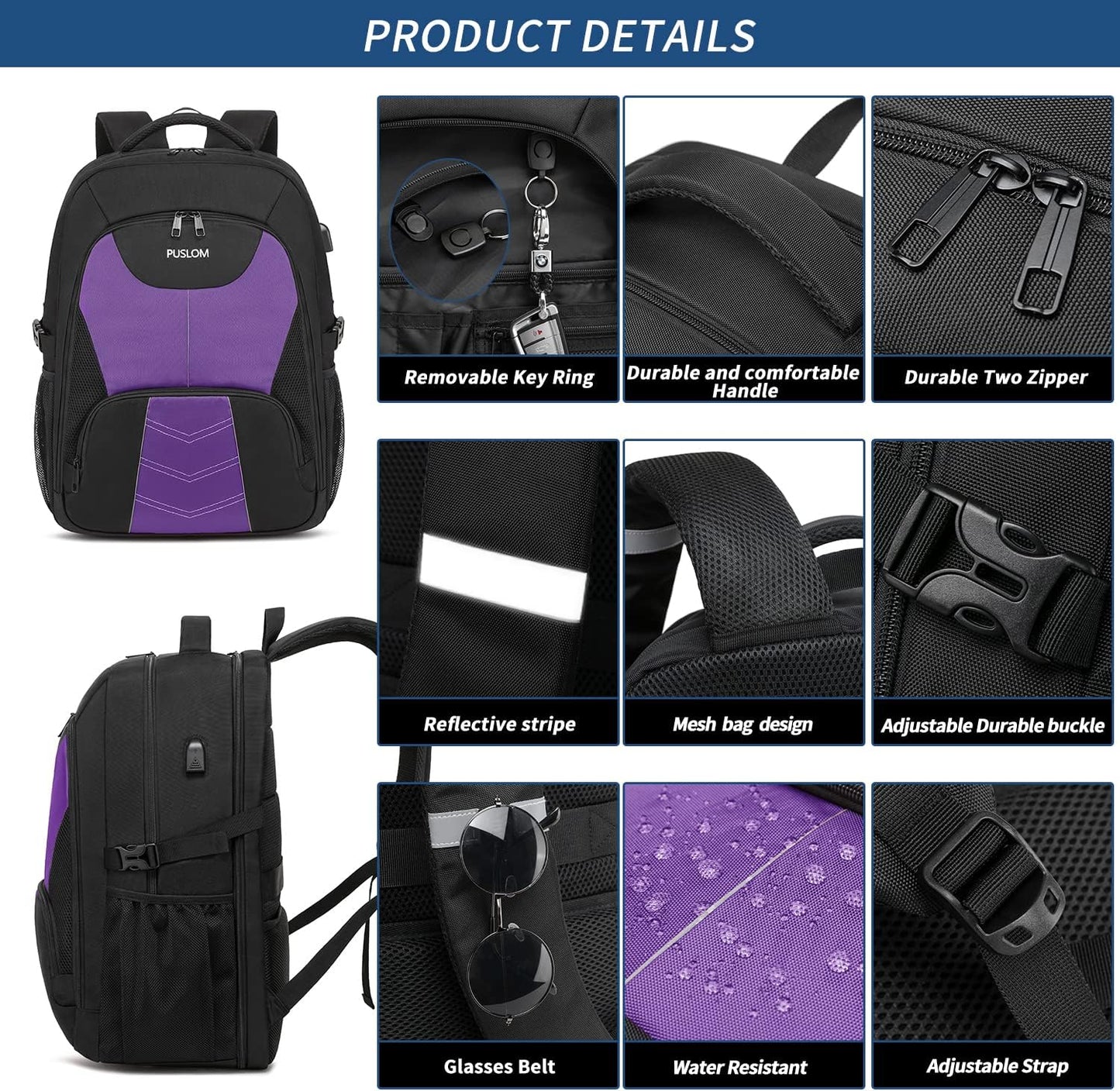 PUSLOM Extra Large Travel Laptop Backpack for Men 55L,Water Resistant 18.4 inch Big Business Laptop bags with USB Charging Port,TSA Friendly Anti Theft Computer Bag for Work College,Purple