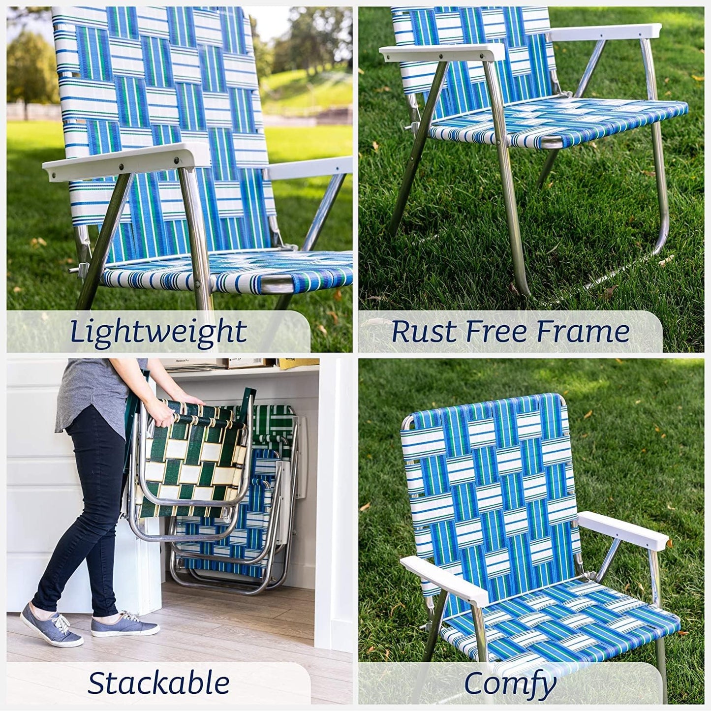 Lawn Chair USA - Outdoor Chairs for Camping. Made with Lightweight Aluminum Frames and UV-Resistant Webbing. Folds for Easy Storage 2- Pack (Charleston with Green Arms, Classic)