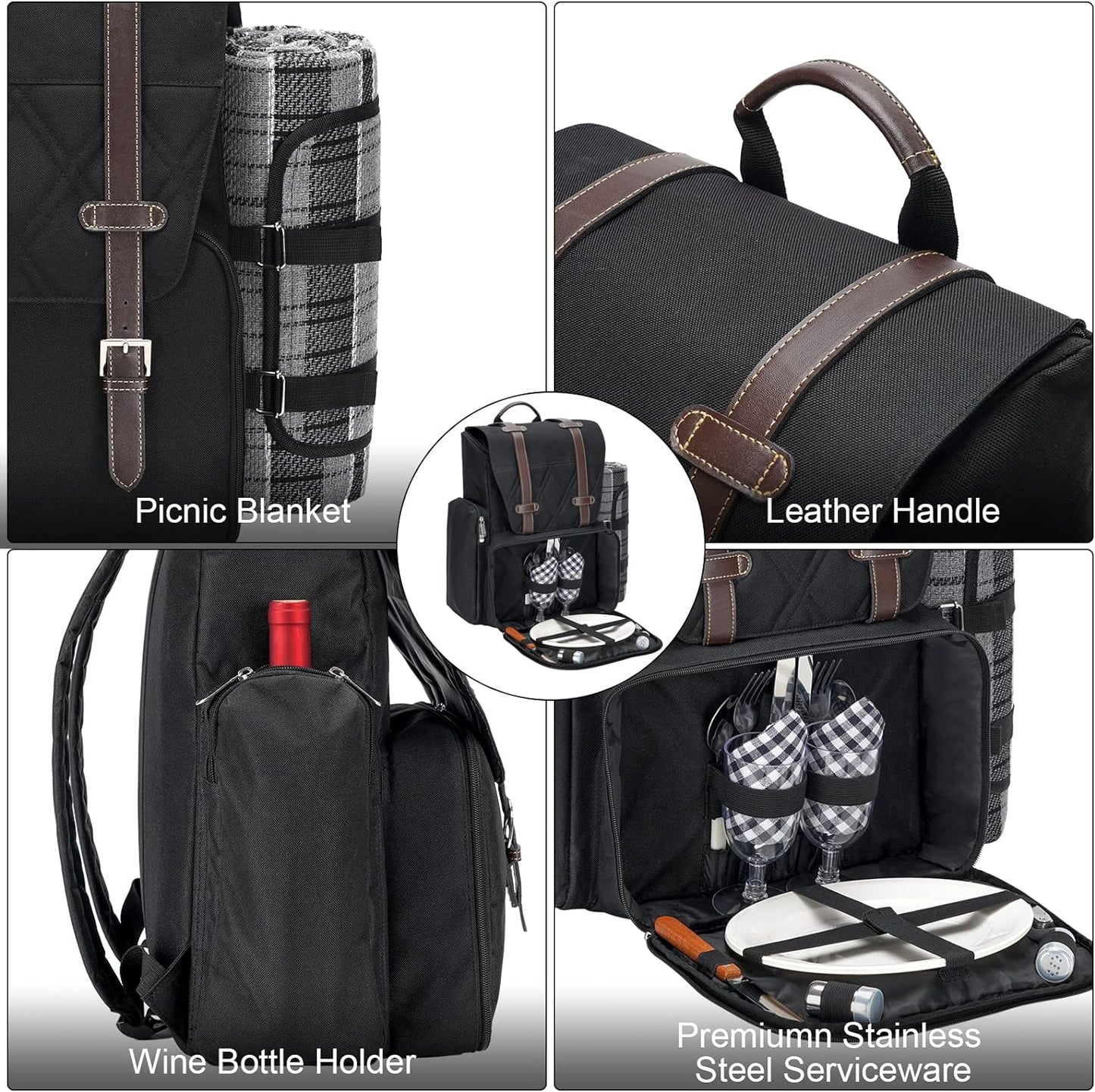 Picnic Backpack for 2 Person with Large Insulated Cooler Bag, Picnic Basket Set with Wine Pouch, Waterproof Picnic Blanket & Cutlery Set. Perfect for Camping, Party,Wedding Gift for Couple.2P-Black