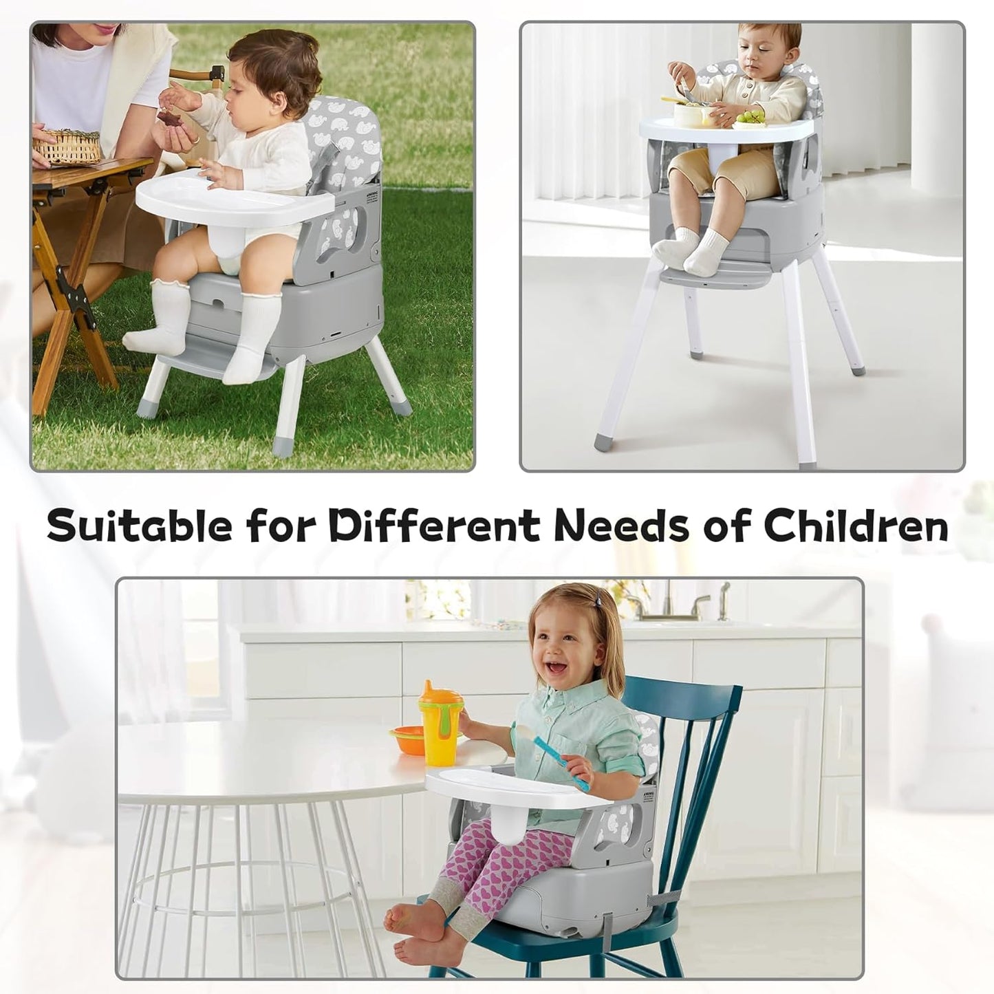 4 in 1 Portable Baby Highchair Convertible Highchair for Babies and Toddlers - Foldable Carry Small Box, High Chair, Infant Booster Seat, Dining Chair, Easy to Carry and Store (Grey)