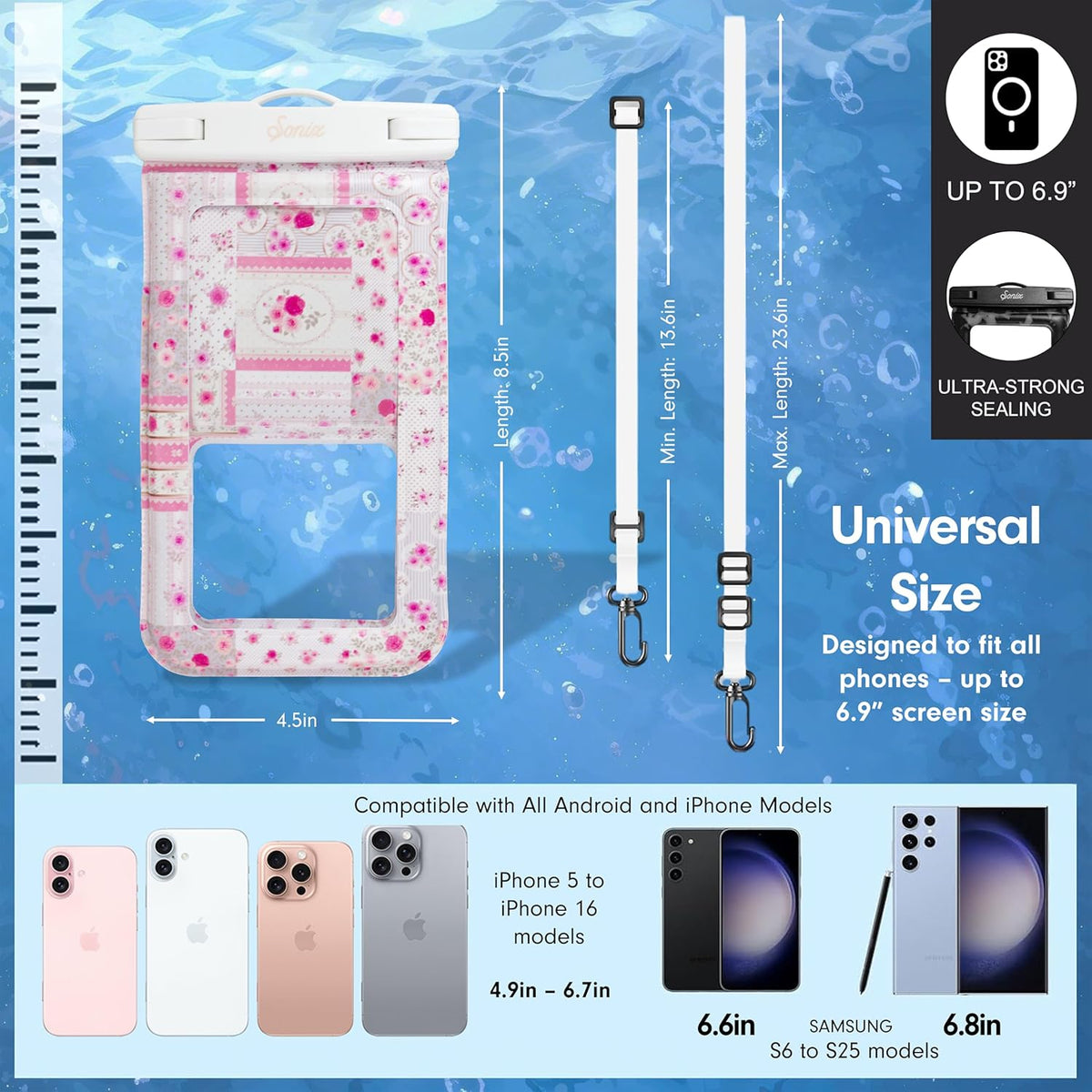Sonix Waterproof Phone Pouch - Floating Phone Case Dry Bag w/Crossbody Lanyard - Beach Cruise Travel Essentials - Compatible w/All Devices, Touchscreen Friendly | Patchwork Cottage
