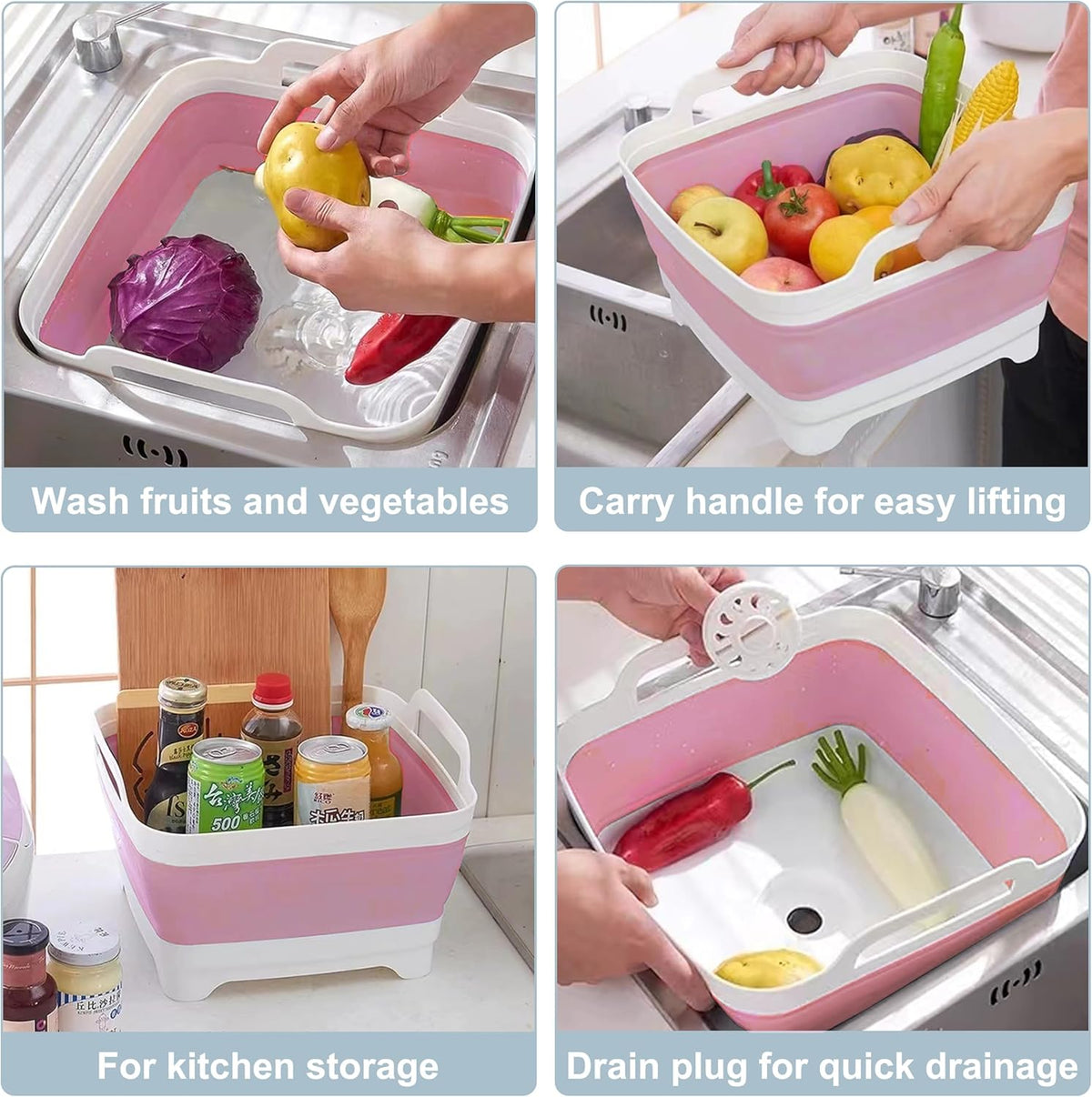 2.4 Gal(9L) Collapsible Dish Basin with Drain Plug - Multiuse Foldable Wash Basin for Baby Bottles, Space-Saving Multiuse Dish Tub, Kitchen Sink for Camping, Dishes Washing, RV (Pink)