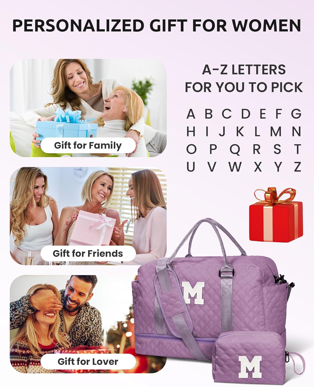 Birthday Gifts for Women-Duffle Bag with Shoe Compartment, Personalized Weekender Bag, Monogram Overnight Bag, Letter Travel Bag with Makeup Bag，Preppy Gifts For Girl (Letter V)