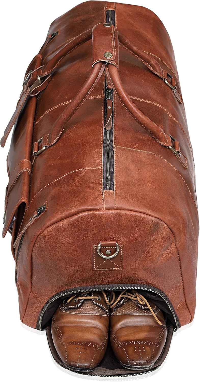 24 Inch Leather Duffle Bags for Men Large Full-Grain Buffalo Leather Overnight Gym Bag, Luggage Weekend Travel Bag for Men & Women, Carry On Airplane Cabin Bag with Shoe Compartment