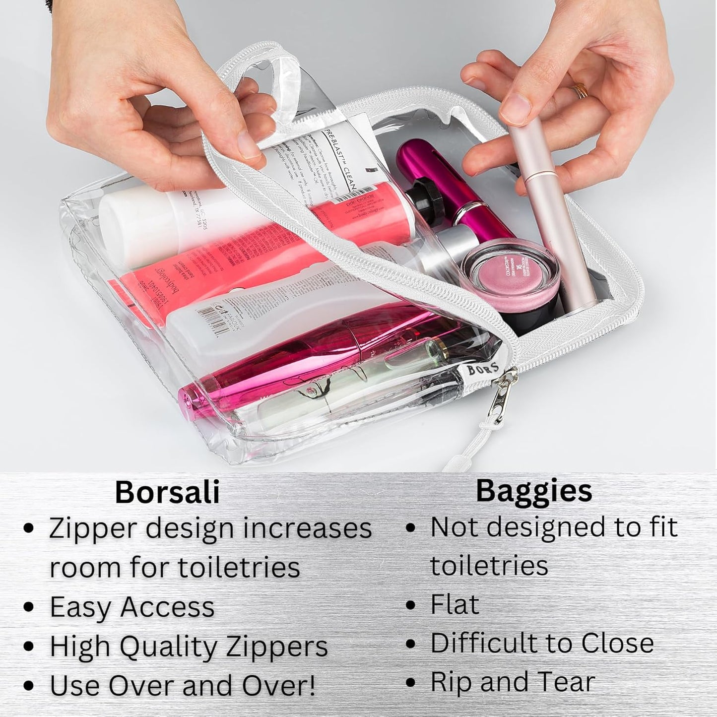 BORSALI TSA Approved Toiletry Bag - Clear Quart Size for 3-1-1 Carry On Travel - Makeup Organizer Cosmetic Pouch with Zipper - Travel Accessories - White