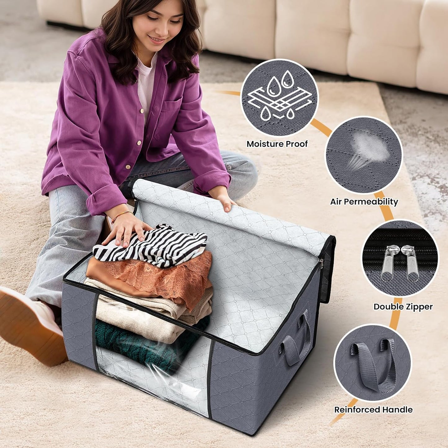 Fab totes 10 Pack Clothes Storage, Foldable Thick Fabric Blanket Storage Bags, Containers for Organizing Bedroom, Closet, Clothing, Comforter,Closet Organization with Handle,Grey
