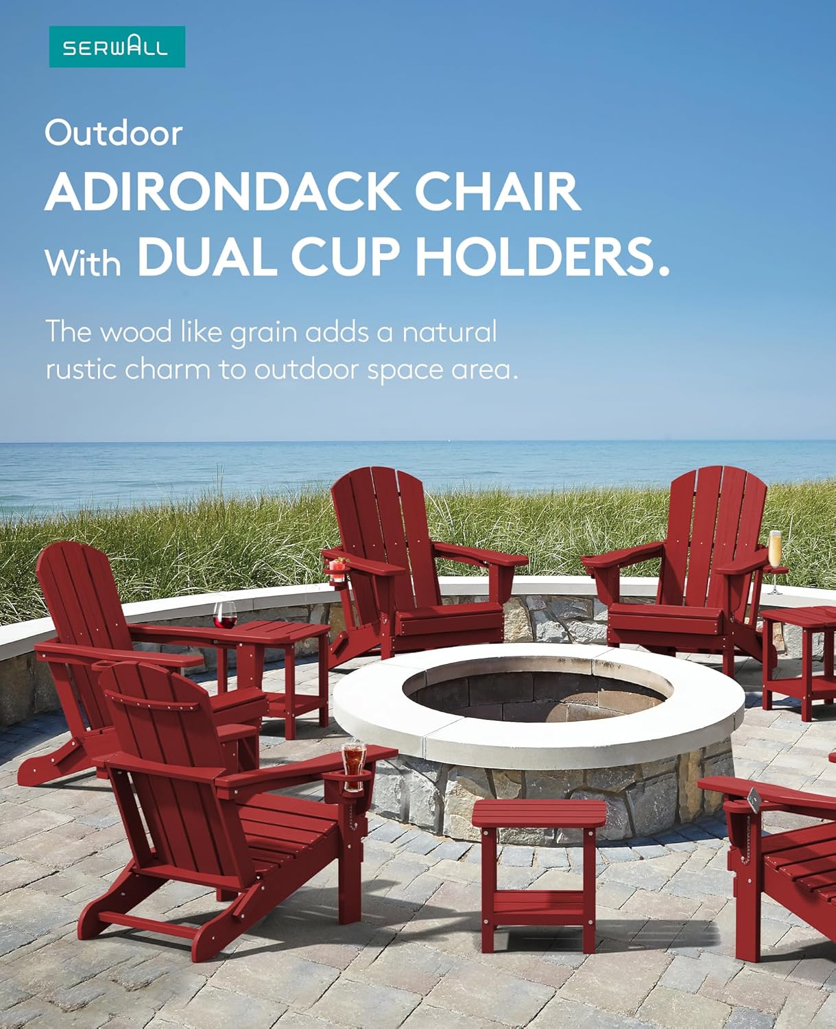 SERWALL Adirondack Chair with Cup Holders - Composite Adirondack Chairs Set of 2 HDPE Outdoor Chairs All Weather Use- Dark Red