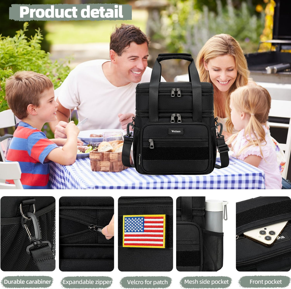 Weitars Lunch Box for Men Women Dual Compartment Lunch Box Heavy Duty Large Insulated Tactical Lunch Bag Durable Cooler Bag With Shoulder Strap for Adults Work Picnic Road Trip