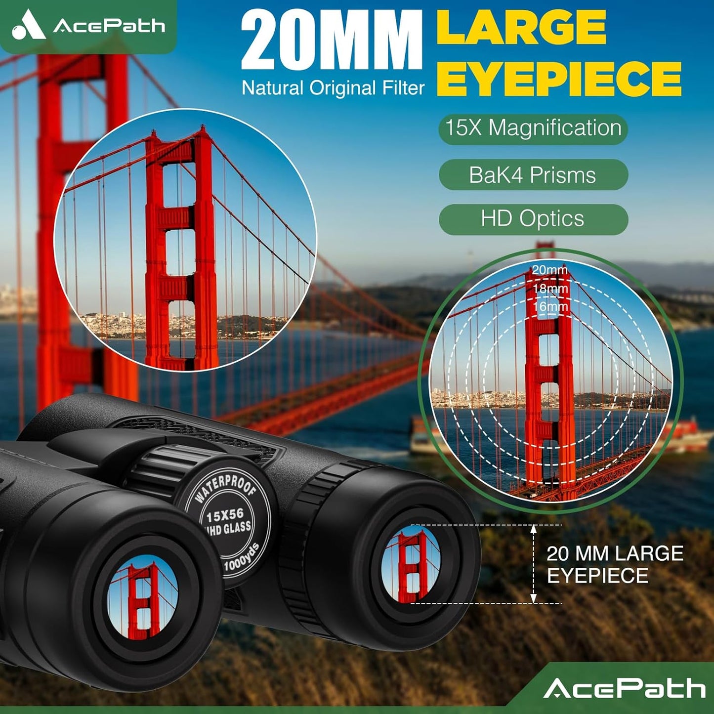 15x56 Binoculars for Adults High Powered - Large View Waterproof Binoculars with Clear Low Light Vision - Compact Binocular Essentials for Hunting Camping Cruise Travel Bird Watching Sports