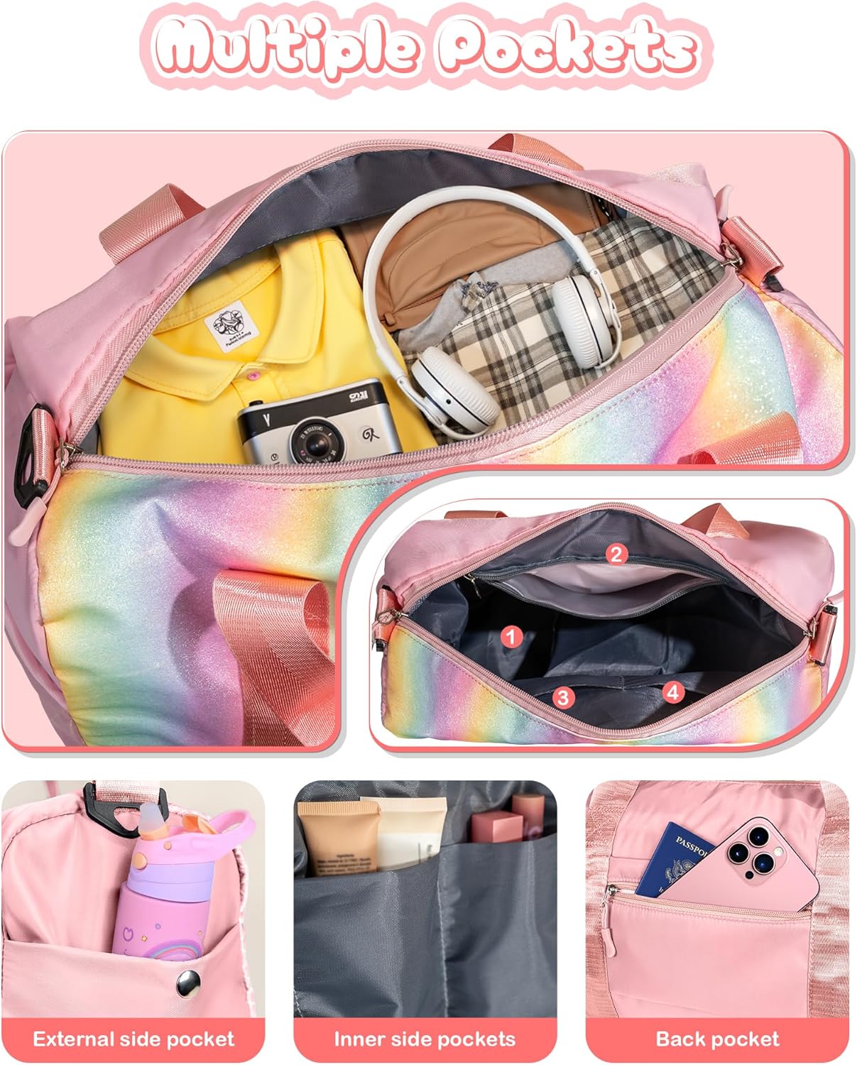 Gifts for 3 4 5 6 7 8 9 Year Old Girls-Girl Gym Bag with Shoe Compartment, Kid Personalized Weekender Overnight Bags, Initial Travel Tote with Makeup Pouch, Easter Gift for Teen (Letter C)