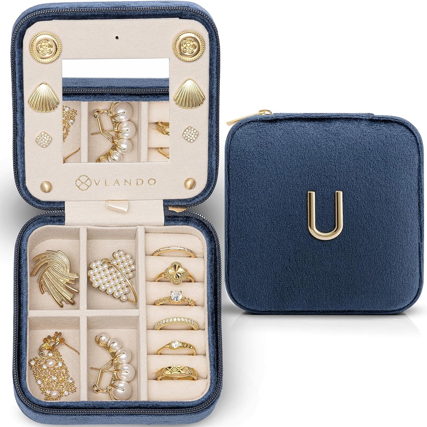 Vlando Mom Gifts for Women, Travel Jewelry Case for Mother Gifts, Travel Gifts for Mother Mom from Daughters, Travel Essentials Small Jewelry Box, Jewelry Travel Organizer - Letter U, Dark Blue