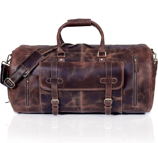 24 Inch Genuine Leather Duffle Bag for Men Travel Overnight Weekender Leather Duffel Bags Sports Gym Duffel for Men and Women Carry On Luggage for Traveling