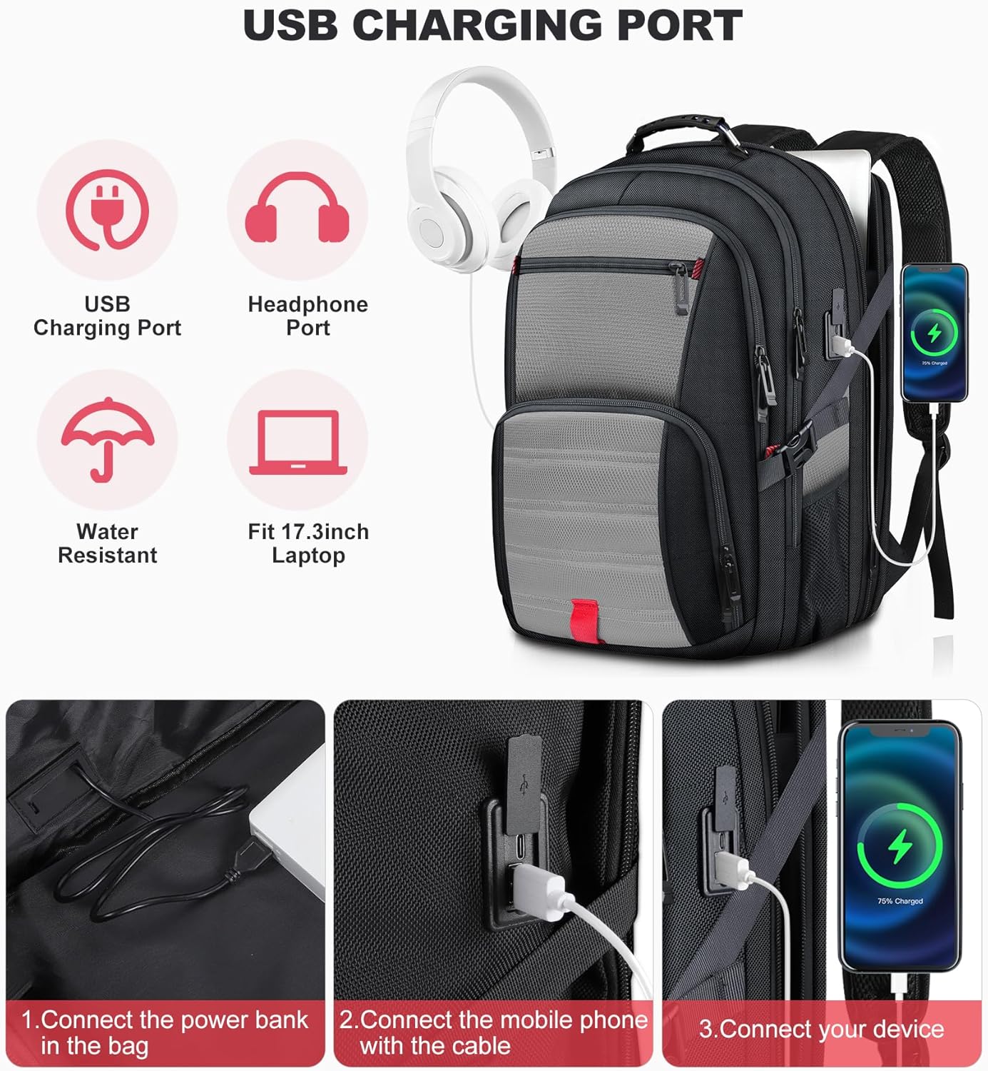 Extra Large Laptop Backpack for Men, Travel Backpack,Big Backpack, 50L Water Resistant School Business Work Computer College Heavy Duty Bag with USB Port, Fits 17 Inch Laptop, Grey