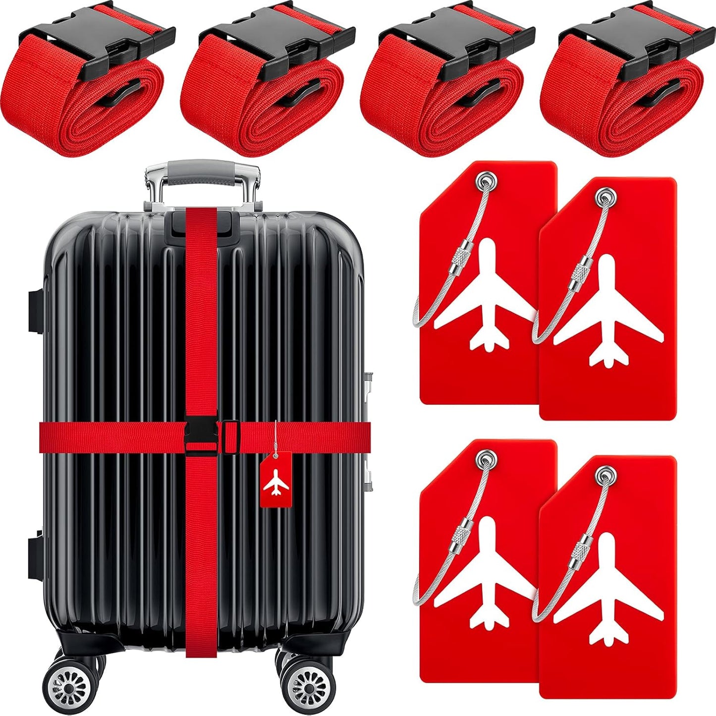 Weewooday 8 Pcs Luggage Straps Suitcase Tags Set for TSA Approved, 4 Travel Adjustable Suitcase Belt, 4 Silicone Luggage Tags with Name ID Card Travel Accessories(Red,Airplane)