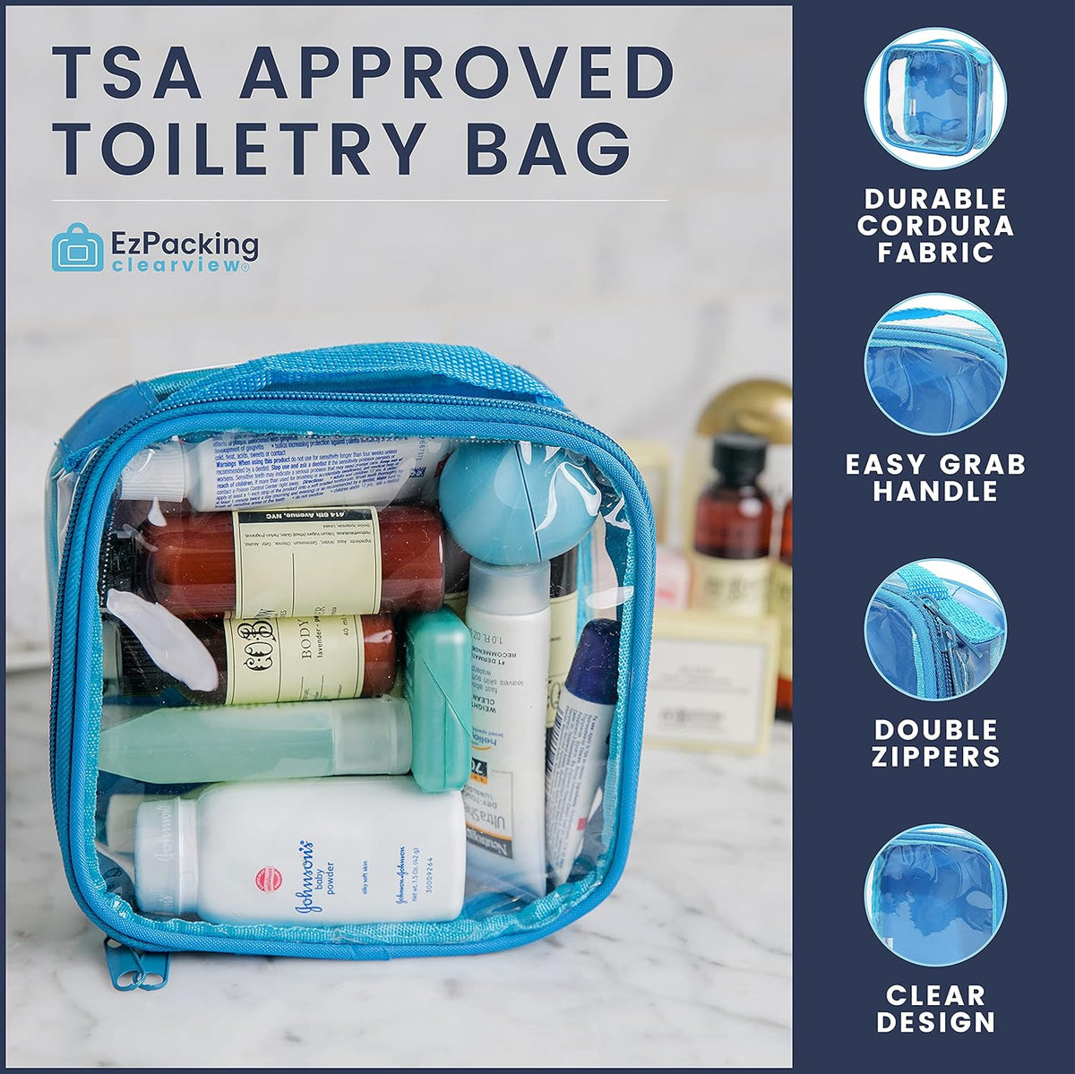 EzPacking Clear TSA Approved 3-1-1 Travel Toiletry Bag for Carry On/Quart Size Transparent Liquids Pouch for Airport Security/Reusable See Through Vinyl & PVC Plastic Organizer Men Women (Turquoise)