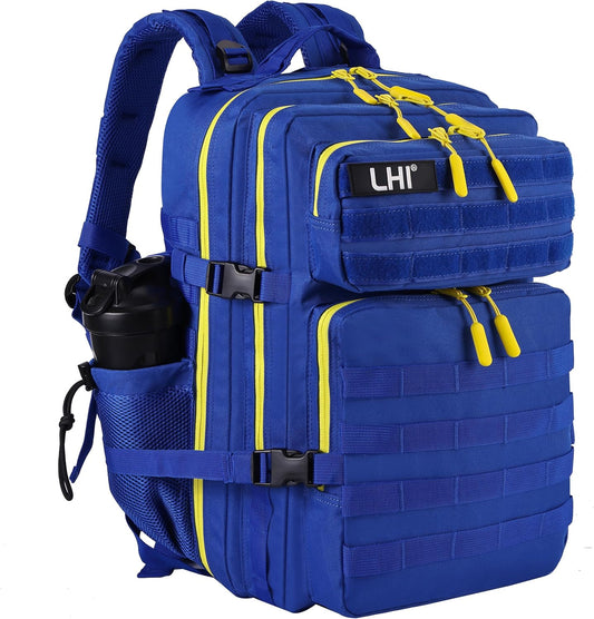 LHI Military Tactical Backpack for Men and Women 45L Army 3 Days Assault Pack Bag Large Rucksack with Molle System - Blue with yellow zipper