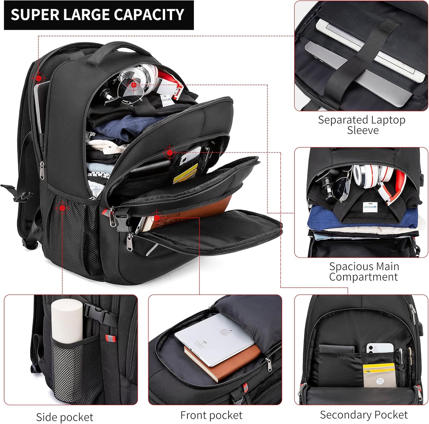 17.3 inch Laptop Backpack,School Bookbag Computer Rucksack with USB Charging Port,Water Resistant Sturdy Bagpack for Business College School Travel,Men Women Casual Daypack,Black