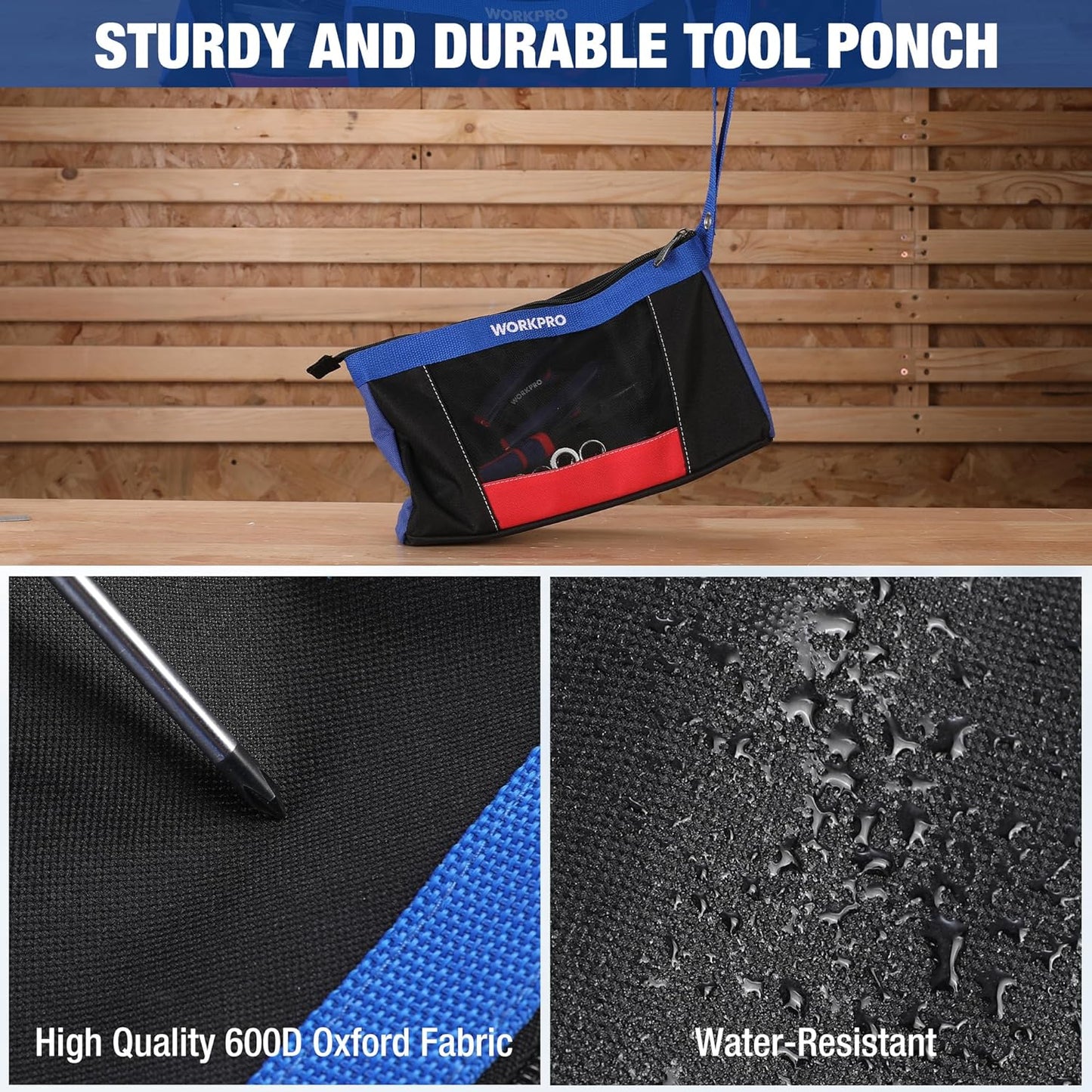 WORKPRO 12" Tool Pouches with Zipper, Heavy-Duty Small Tool Bag, Utility small tool pouch for Tool Organizers and Storage, Mini Tool Bag, 3 Pack