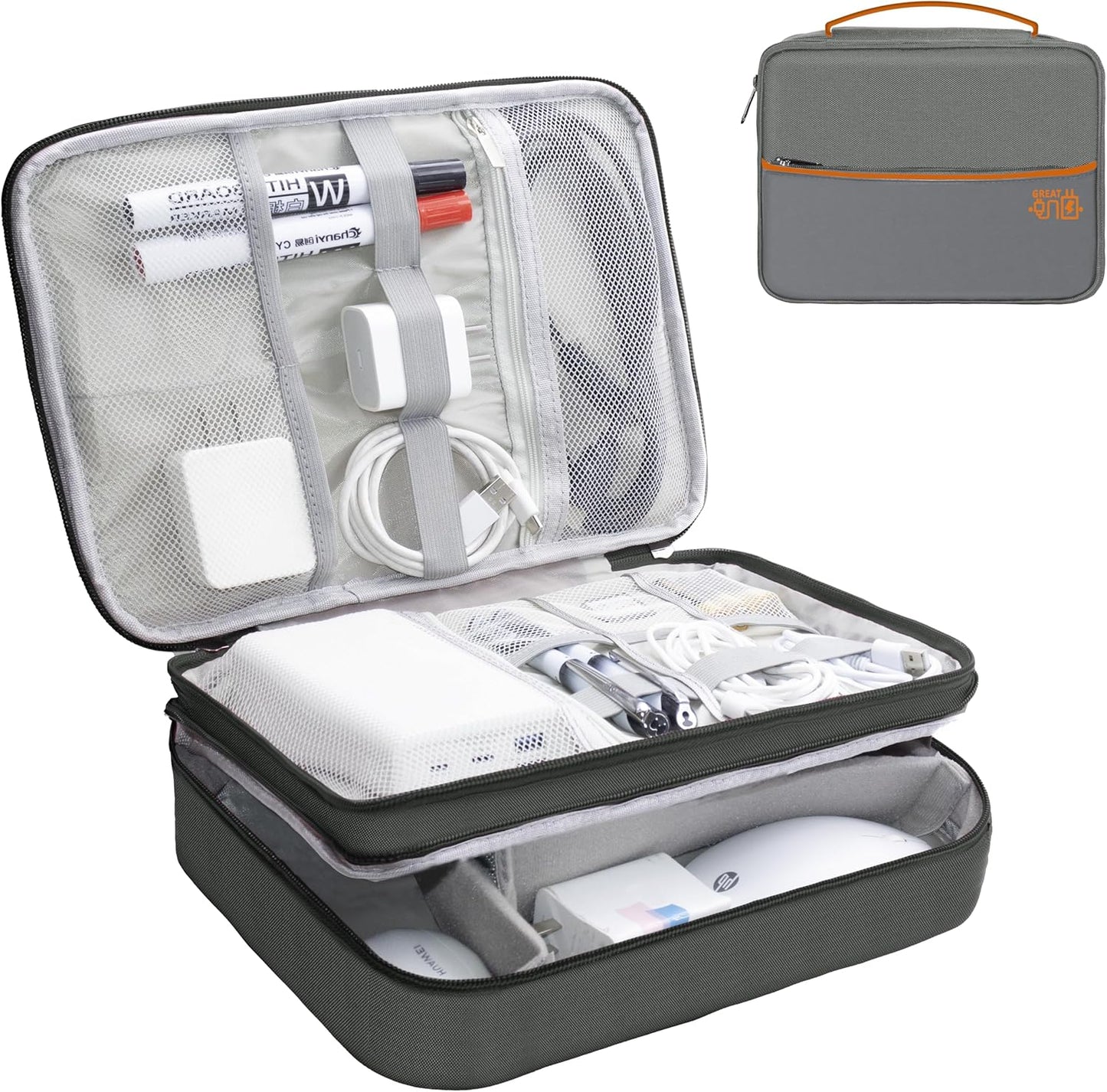 Electronics Organizer,Travel Cord Organizer Pouch, Portable Cable Organizer Bags, Waterproof Electronic Accessories Storage Case for Cables, Cords, Charger, Phone (Three Layer-Gray)