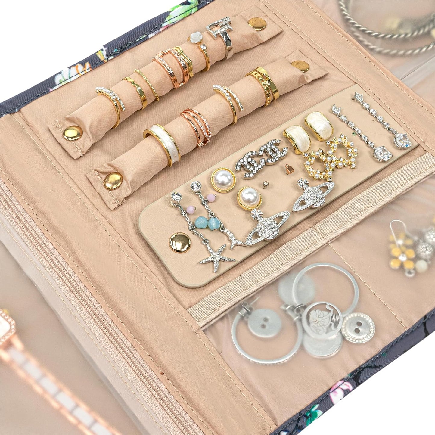 Pavilia Foldable Jewelry Organizer - Travel Roll Bag with Compartments for Earrings, Rings, Necklaces, Bracelets - Packing Accessory