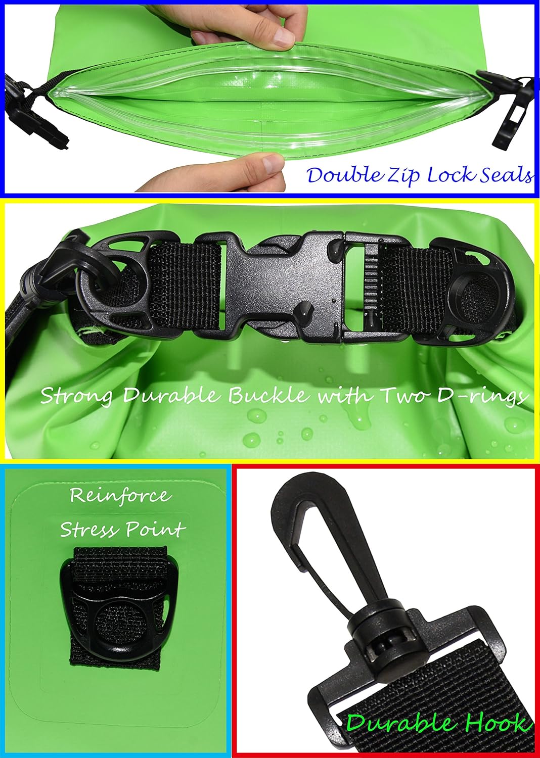 Freegrace Waterproof Dry Bags Set of 3 Dry Bag with 2 Zip Lock Seals & Detachable Shoulder Strap, Waist Pouch & Phone Case - Can Be Submerged Into Water - for Swimming (Green, 10L)