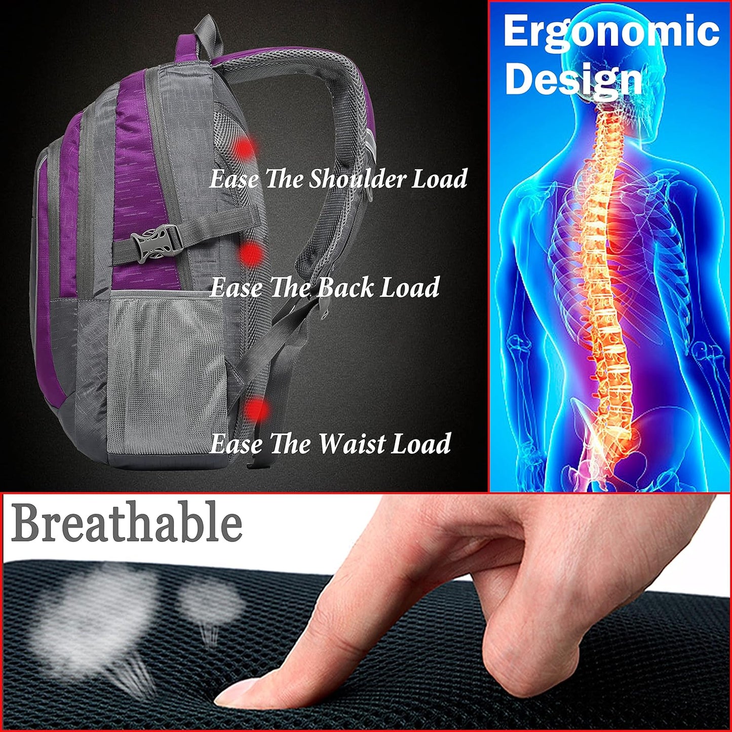 ProEtrade Backpack Bookbag for College Sturdy Travel Business Hiking Fit Laptop Up to 15.6 Inch Multi Compartment Gifts for Men Women Night Light Reflective (Purple A)