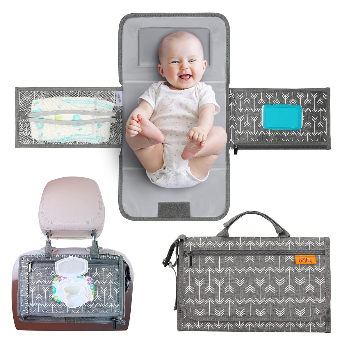 Kopi Baby Portable Diaper Changing Pad - Baby Diaper Changer Travel Bag with Wipes Pocket, Smart Design Portable Changing Mat, Infant Travel Station Kit, Gift for Newborn Girl & Boy - Modern