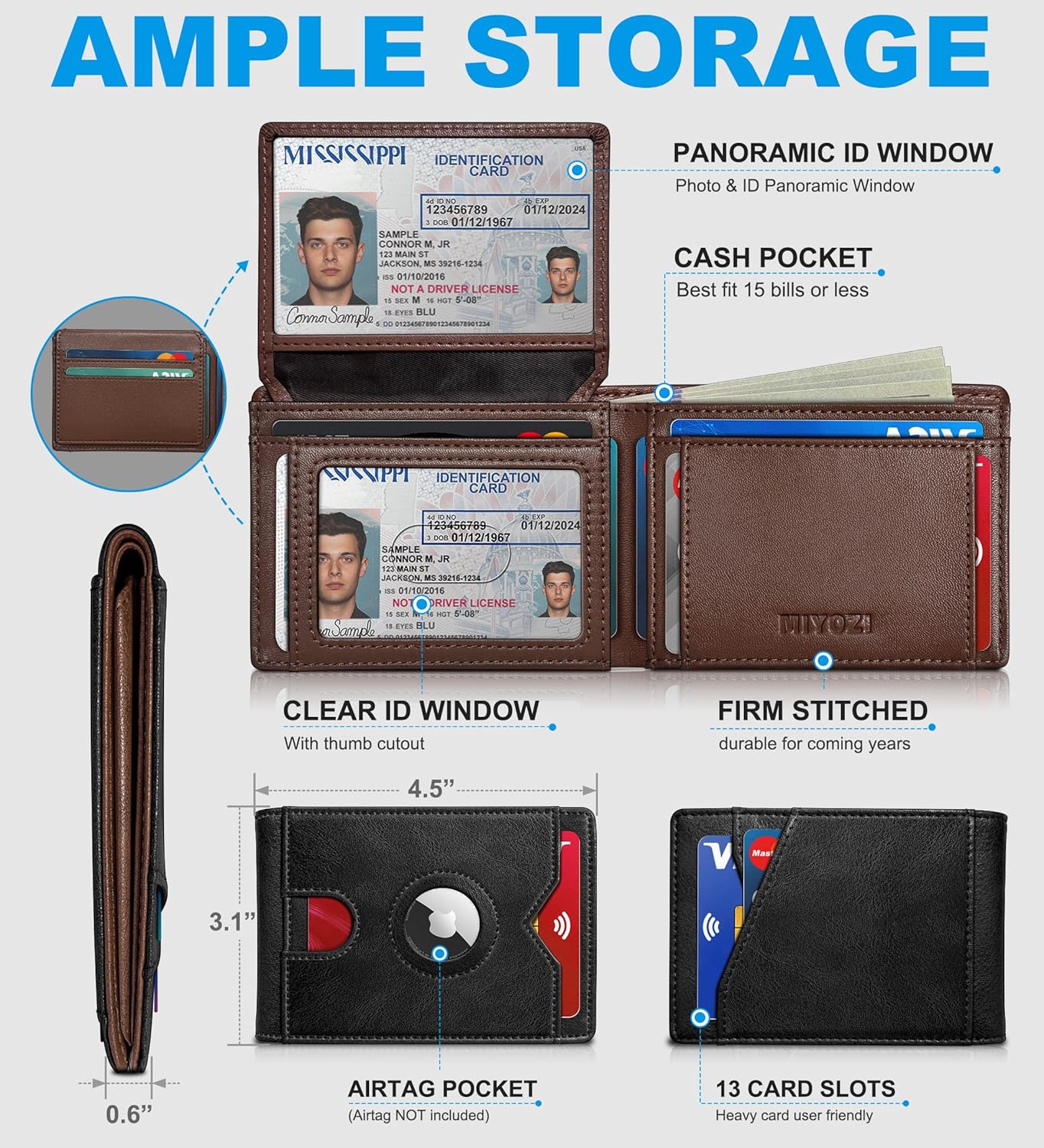 Airtag Wallet for Men,with Cash Pocket 2 ID Window 13 Cards,Slim Leather Wallet Front Pocket Card Holder RFID Blocking with Gift Box