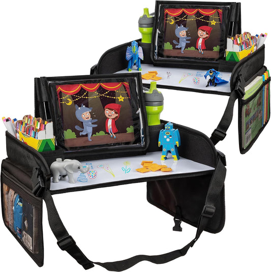 Lusso Gear Kids Travel Tray (Value 2-Pack) - Road Trip Essentials Organizer & Car Seat Tray with Tablet Stand - Toddler Lap Desk Organizer - Dry Erase Activity Surface