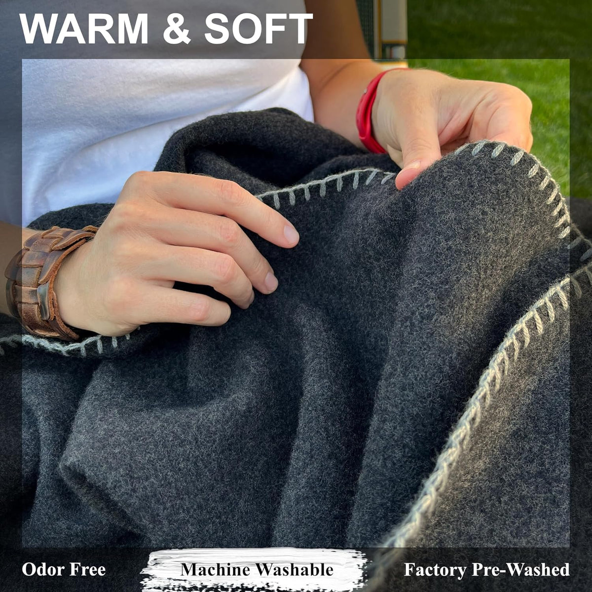 EKTOS 100% Virgin Wool Blanket, 90" x 90", 100 Percent Woolen, Washable Pure Wool (Charcoal, Queen Size)