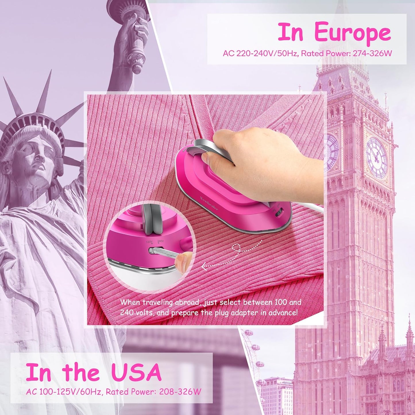 Newbealer Travel Iron with Dual Voltage - 120V/220V Lightweight Dry Iron for Clothes (No Steam), Non-Stick Ceramic Soleplate, 302℉ Heat Press Machine, w/Spray Bottle, Pouch & Silicone Stand (Hotpink)