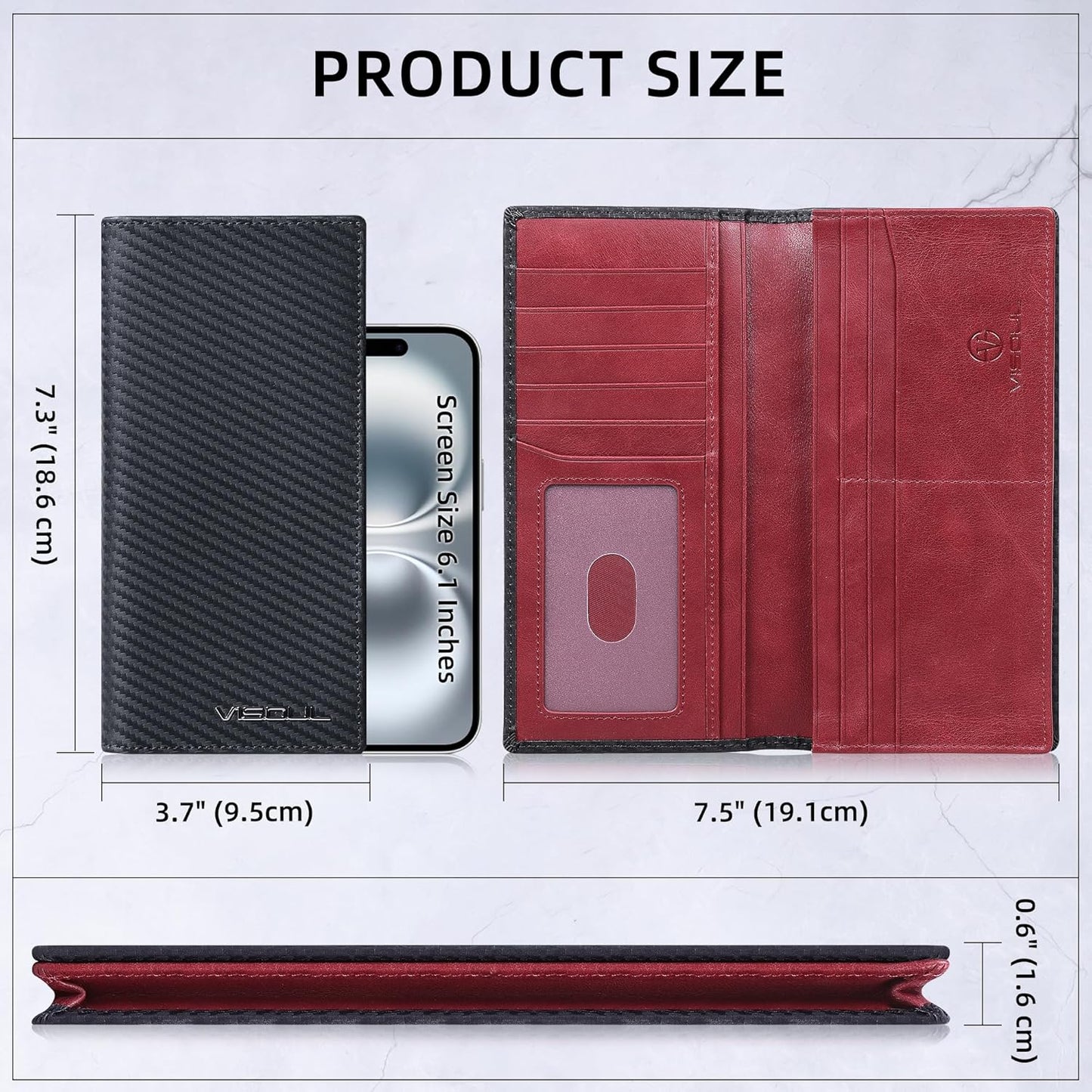 VISOUL Mens Leather Long Checkbook Bifold Wallets with RFID Blocking, Carbon Fiber Leather Tall Wallets for Men (Black+Burgundy)