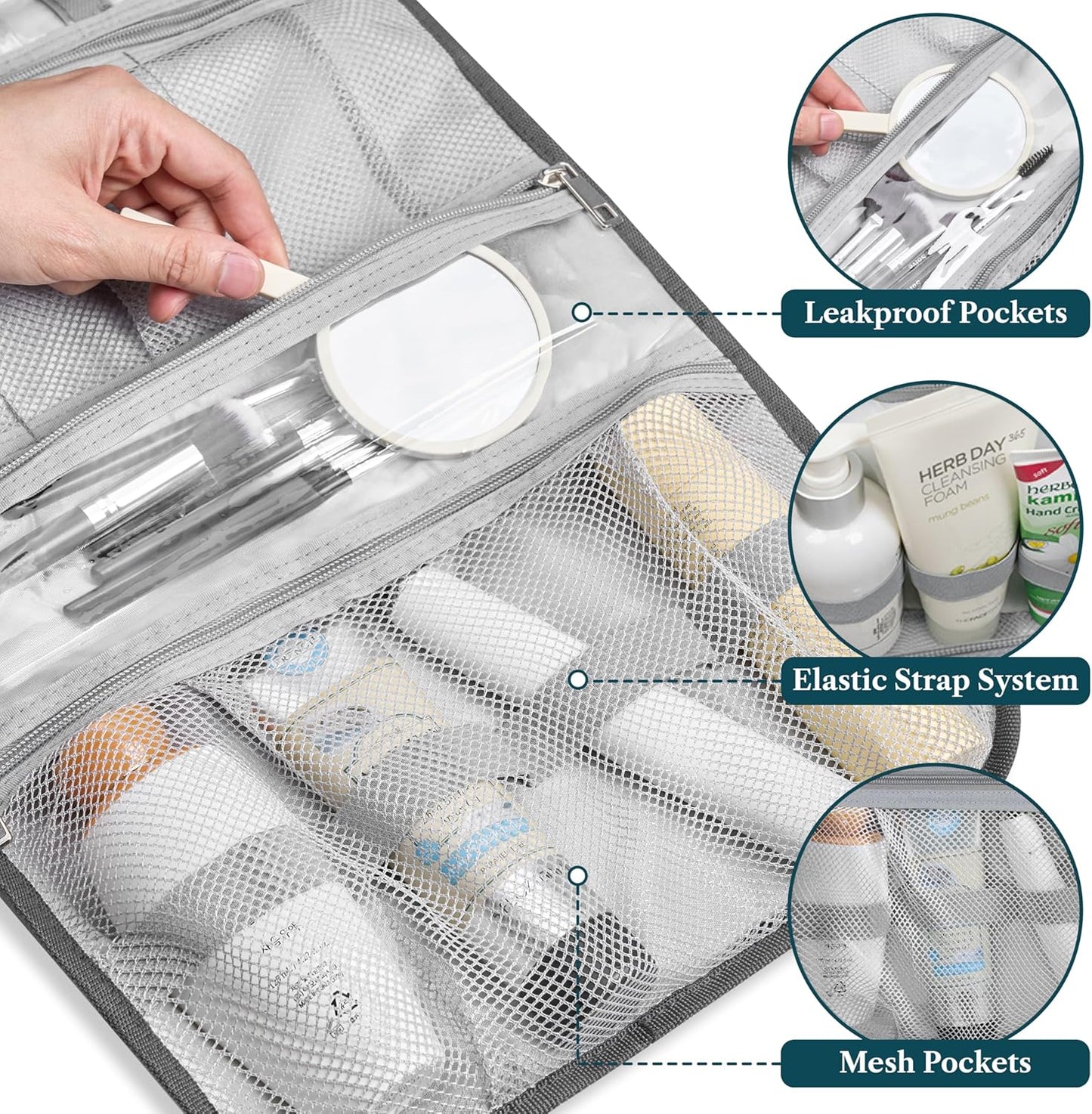 PAVILIA Hanging Toiletry Bag Women Men, Travel Kit Foldable Large Toiletries Organizer, Roll up Cosmetics Makeup Bag Accessories, Waterproof Essentials Jewelry Case (Floral Grey)