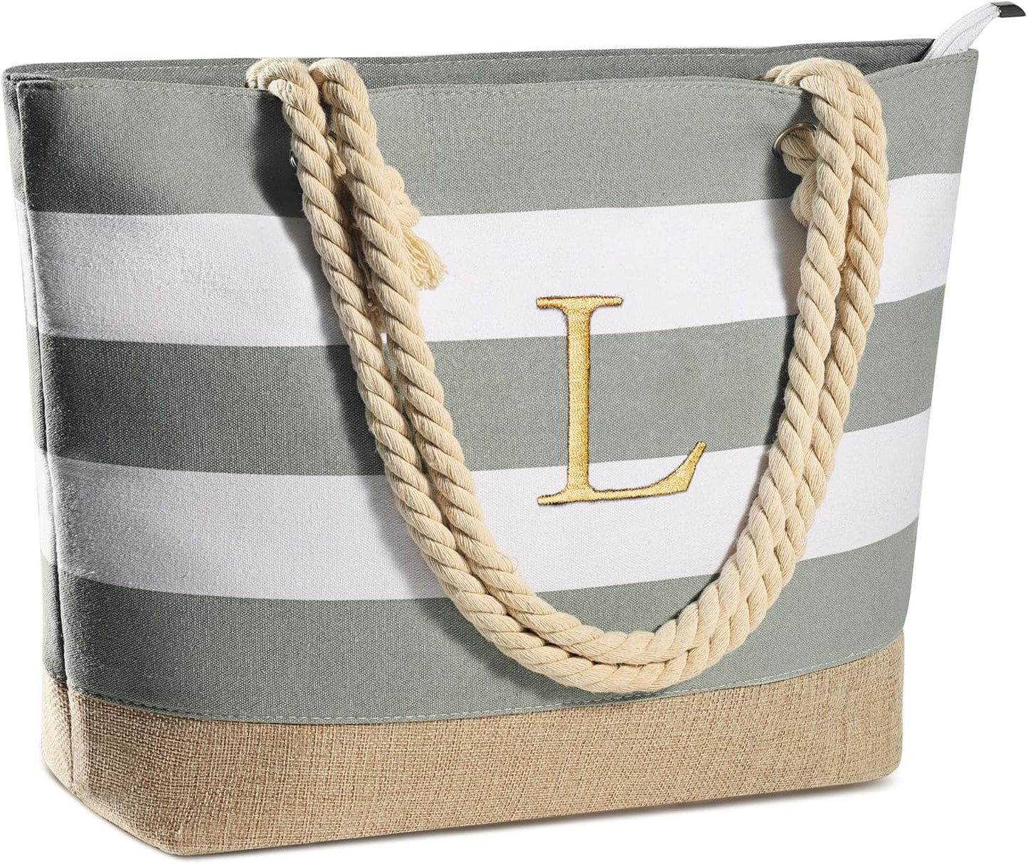 YOOLIFE Initial Canvas Waterproof Beach Tote Bag Zipper Personalized Gifts for Women Her Birthday Travel Beach Essential