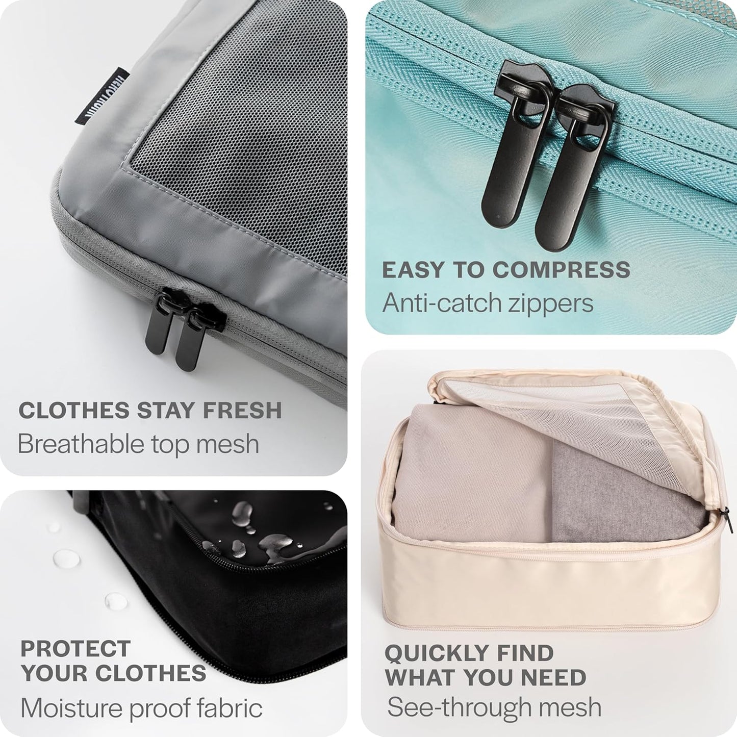 Aerotrunk Compression Packing Cubes for Travel - Luggage Organizer Bags - Double Zipper Packing Cubes for Suitcases (6-Pack, Light Grey)