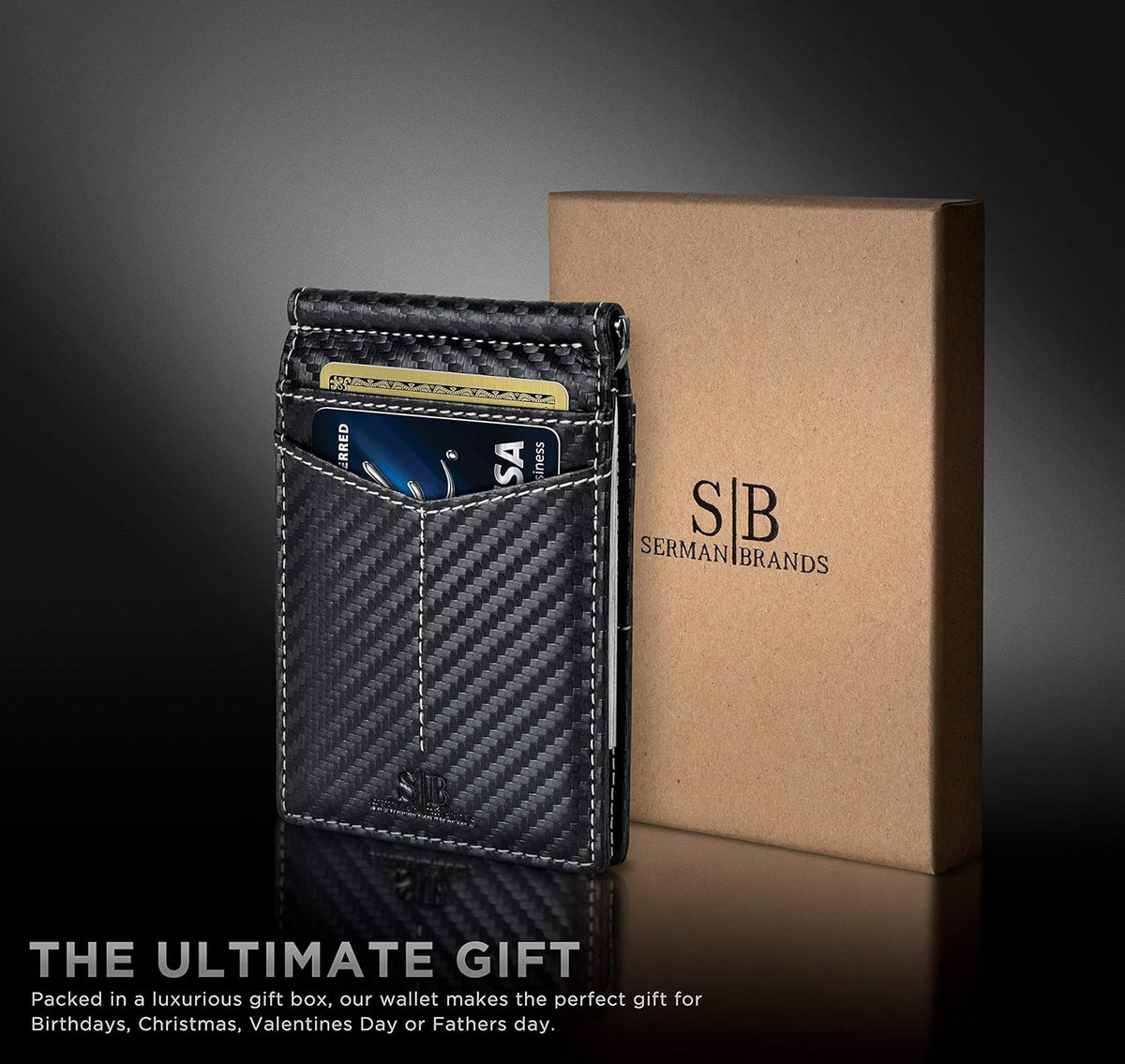 SERMAN BRANDS RFID Blocking Wallet Slim Bifold - Genuine Leather Minimalist Front Pocket Wallets for Men with Money Clip Gift