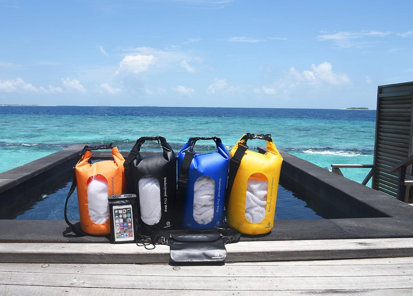 Freegrace Waterproof Dry Bags Set Of 3 Dry Bag With 2 Zip Lock Seals & Detachable Shoulder Strap, Waist Pouch & Phone Case - Can Be Submerged Into Water - For Swimming (Navy Blue(Window), 10L)