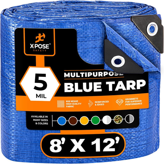 Better Blue Poly Tarp 8' x 12' - Multipurpose Protective Cover - Lightweight, Durable, Waterproof, Weather Proof - 5 Mil Thick Polyethylene - by Xpose Safety