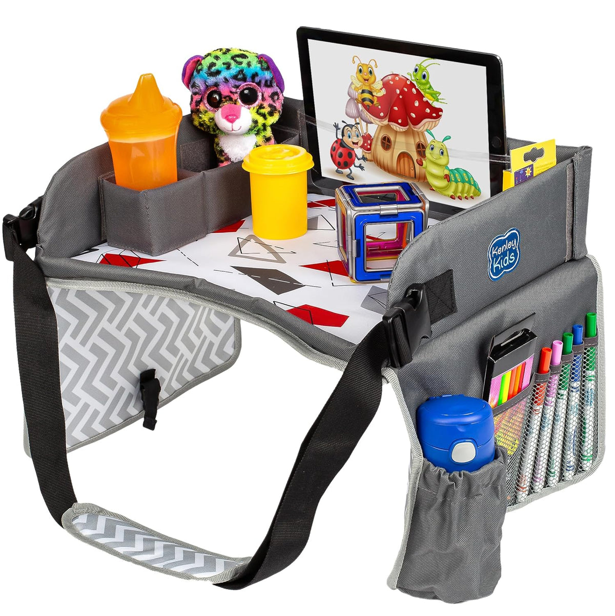 Kenley Kids Travel Tray, Toddler Car Seat Lap Tray, Road Trip Essentials Activity Table (Red/Gray)