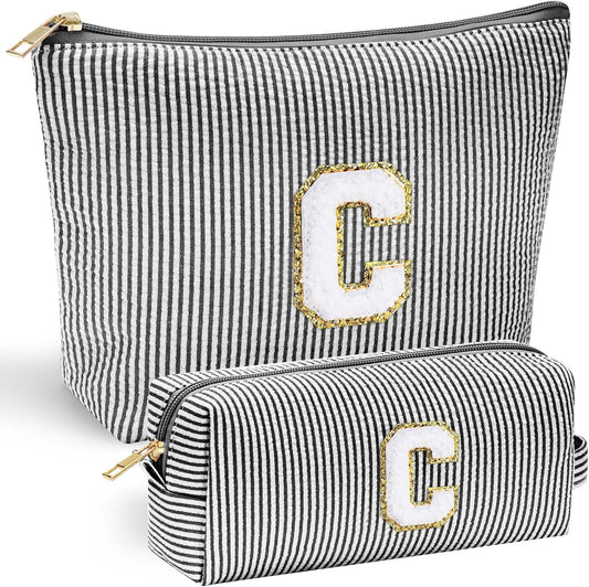 YOOLIFE Initial Personalized Preppy Makeup Bag - Monogrammed Birthday Gift for Women & Girls - Mother's Day Gift - Black