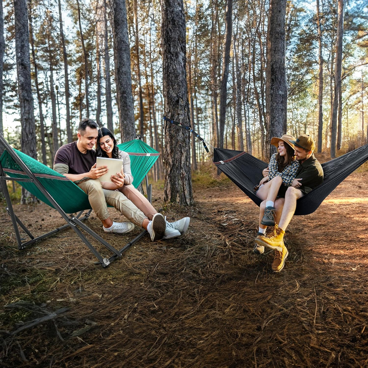 Tranquillo Combo x2 Hammocks with Stand for Outside & Tree Straps, Heavy Duty Hammock with Stand 600lbs for Indoor Outdoor Patio Backyard, x2 Hammocks for 2 Person, Portable Carrying Bags, Peacock