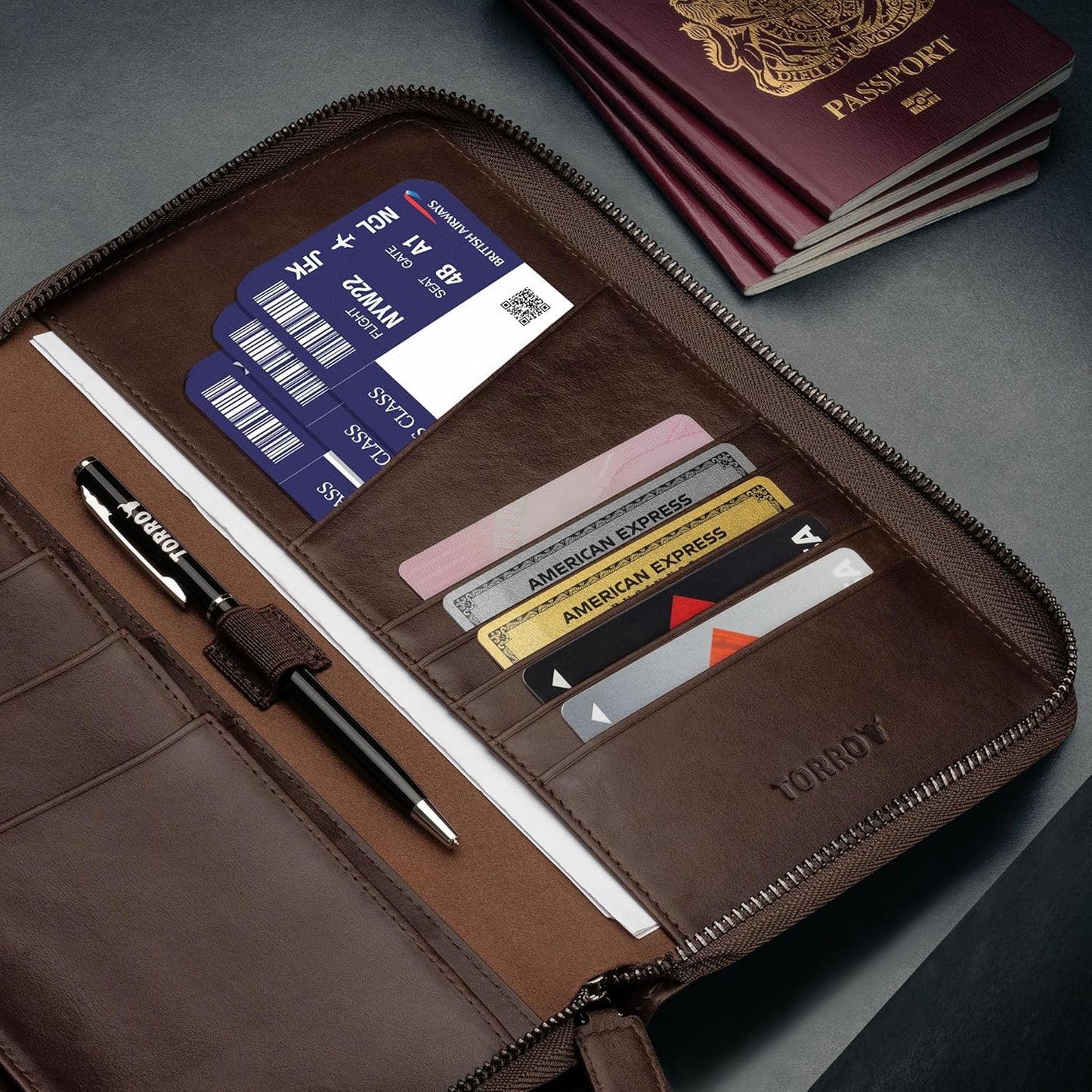 TORRO Premium Leather Family Travel Wallet, RFID Blocking Travel Organizer, Family Passport Holder for 4 Passports, Travel Documents and Cards (Dark Brown)