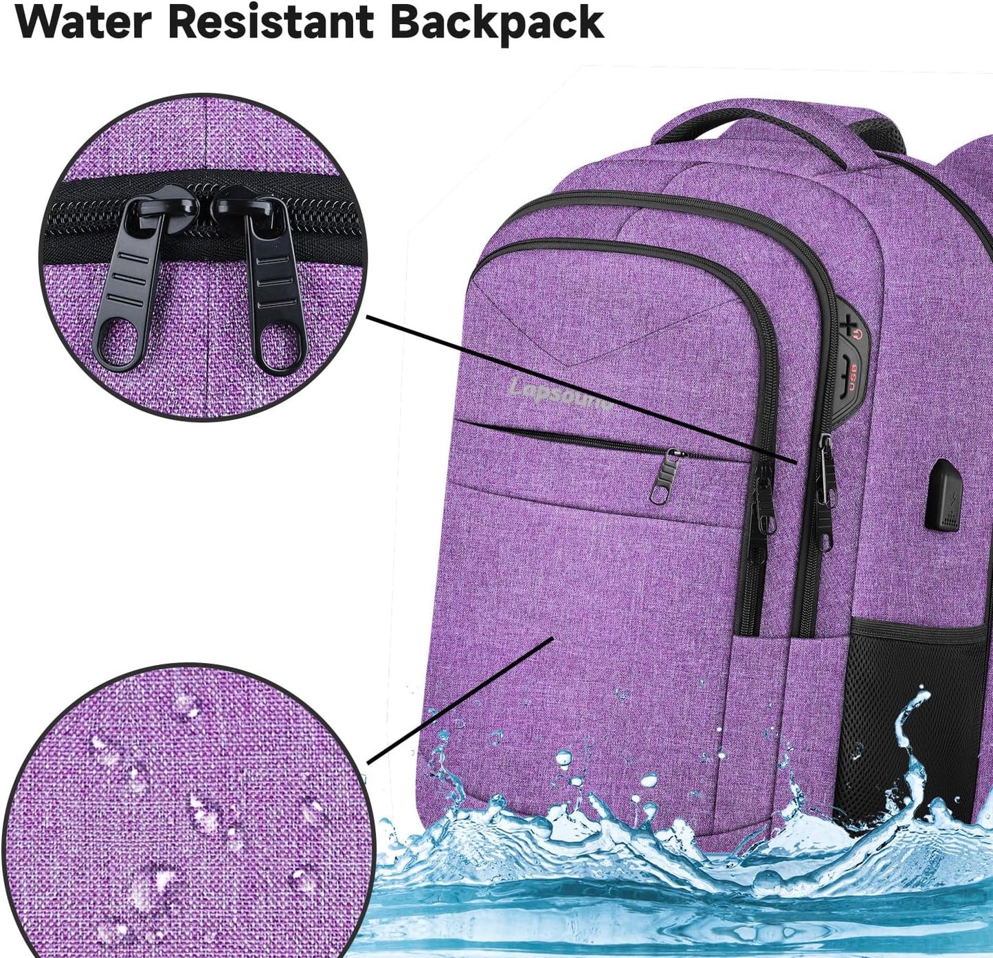 Lapsouno Extra Large Travel Backpack, Travel Laptop Backpack, Multiple Pockets 17.3 Inch Carry on Backpack with USB Port, TSA Friendly Water Resistant College School Business Bag for Women, Purple