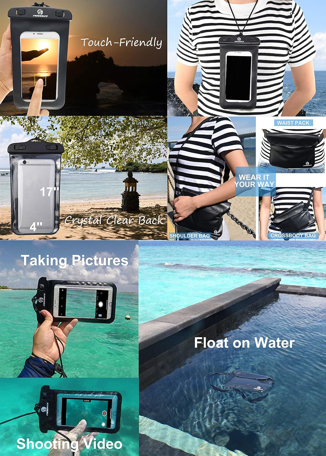Freegrace Waterproof Dry Bags Set of 3 Dry Bag with 2 Zip Lock Seals & Detachable Shoulder Strap, Waist Pouch & Phone Case - Can Be Submerged Into Water - for Swimming (Navy Blue(Window), 20L)